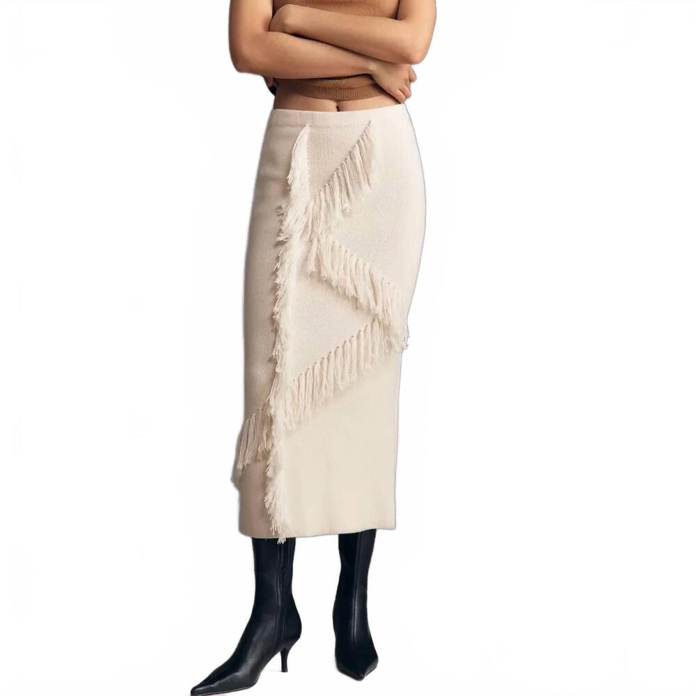 NEW DEREK LAM 10 CROSBY women's hestia fringed midi sweater skirt in snow white